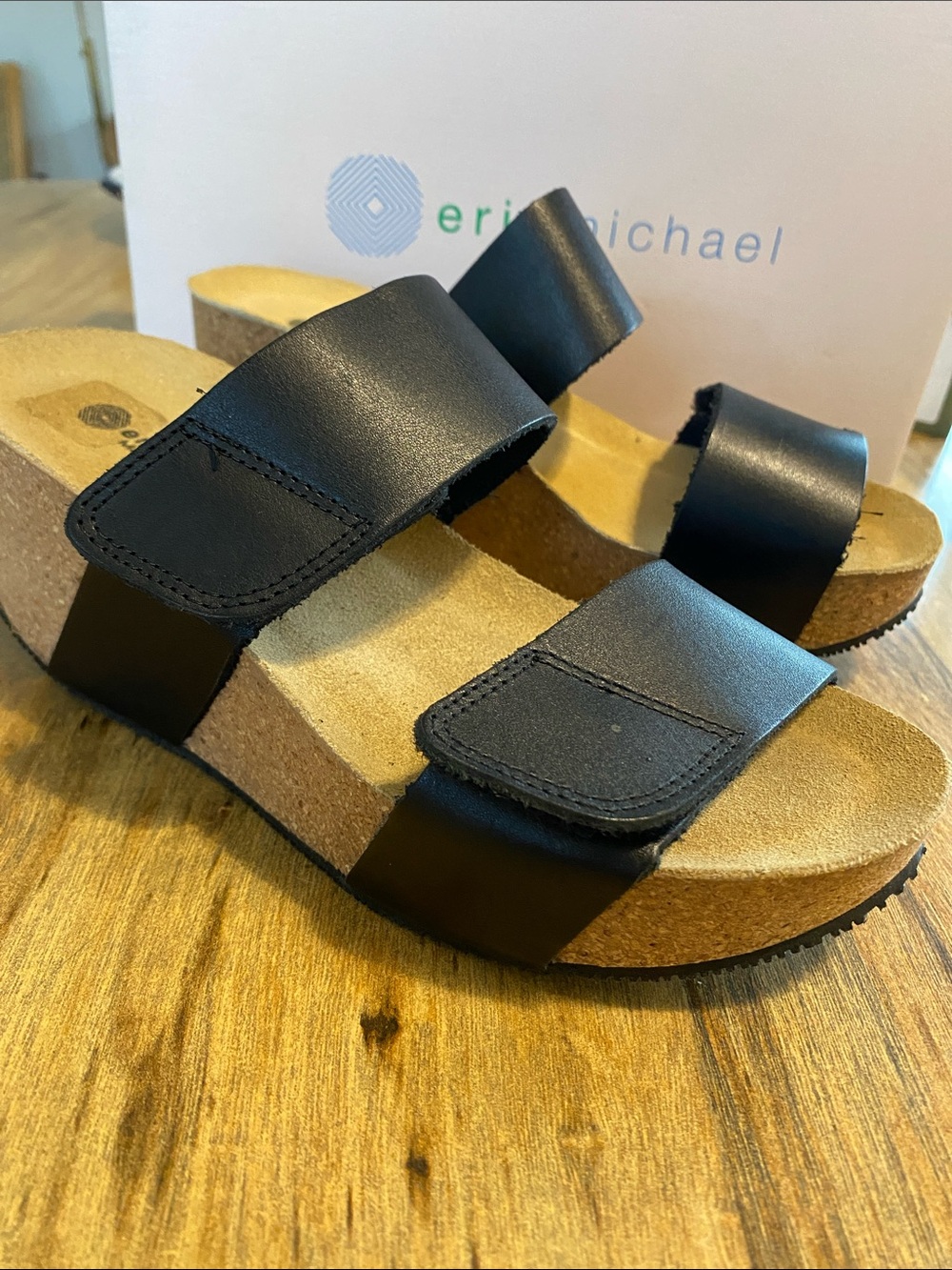 Eric Michael Lily- Black Double-Strap Cork Slide platform Sandals
